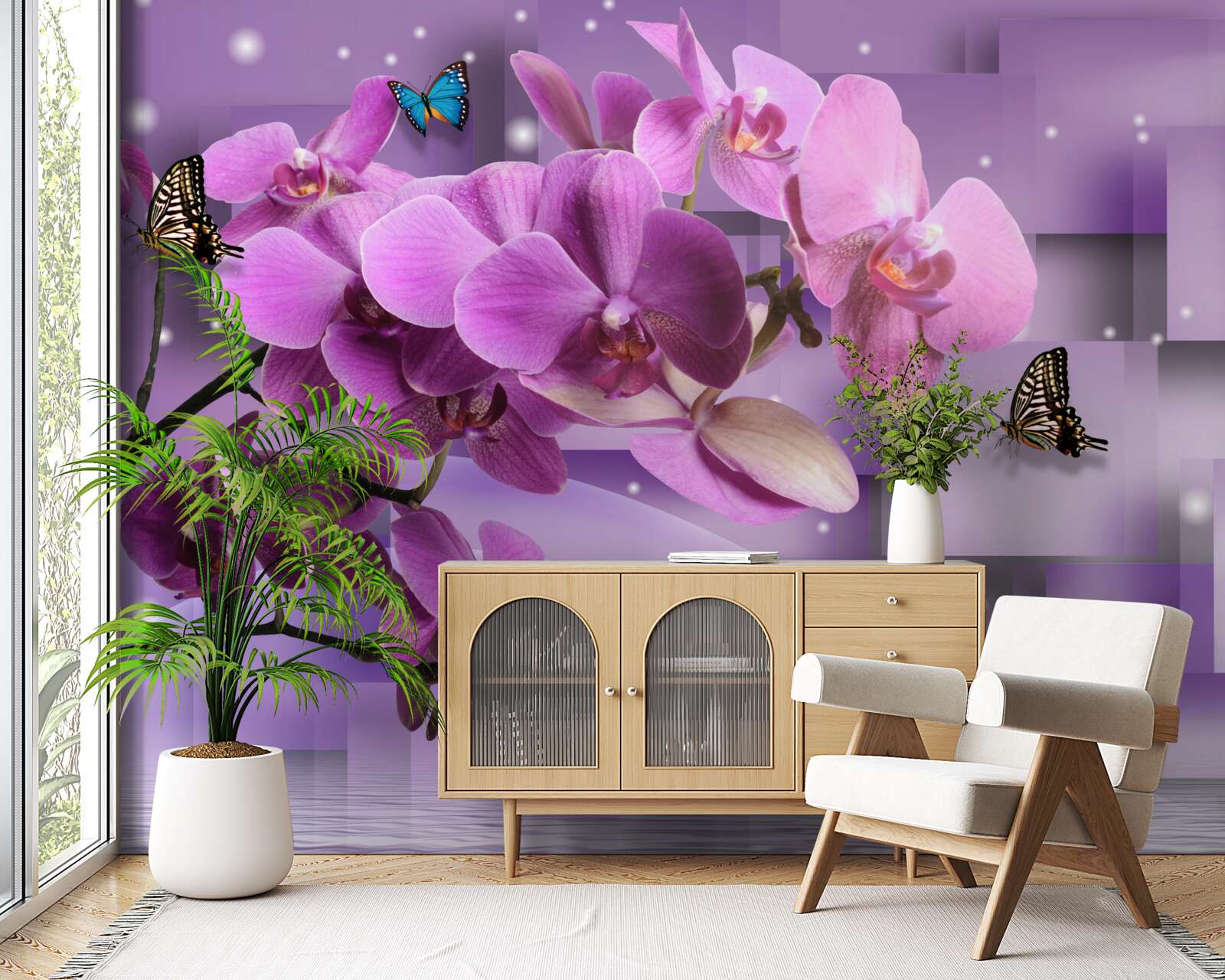 Fototapeta skład cienkich orchidei i motyli