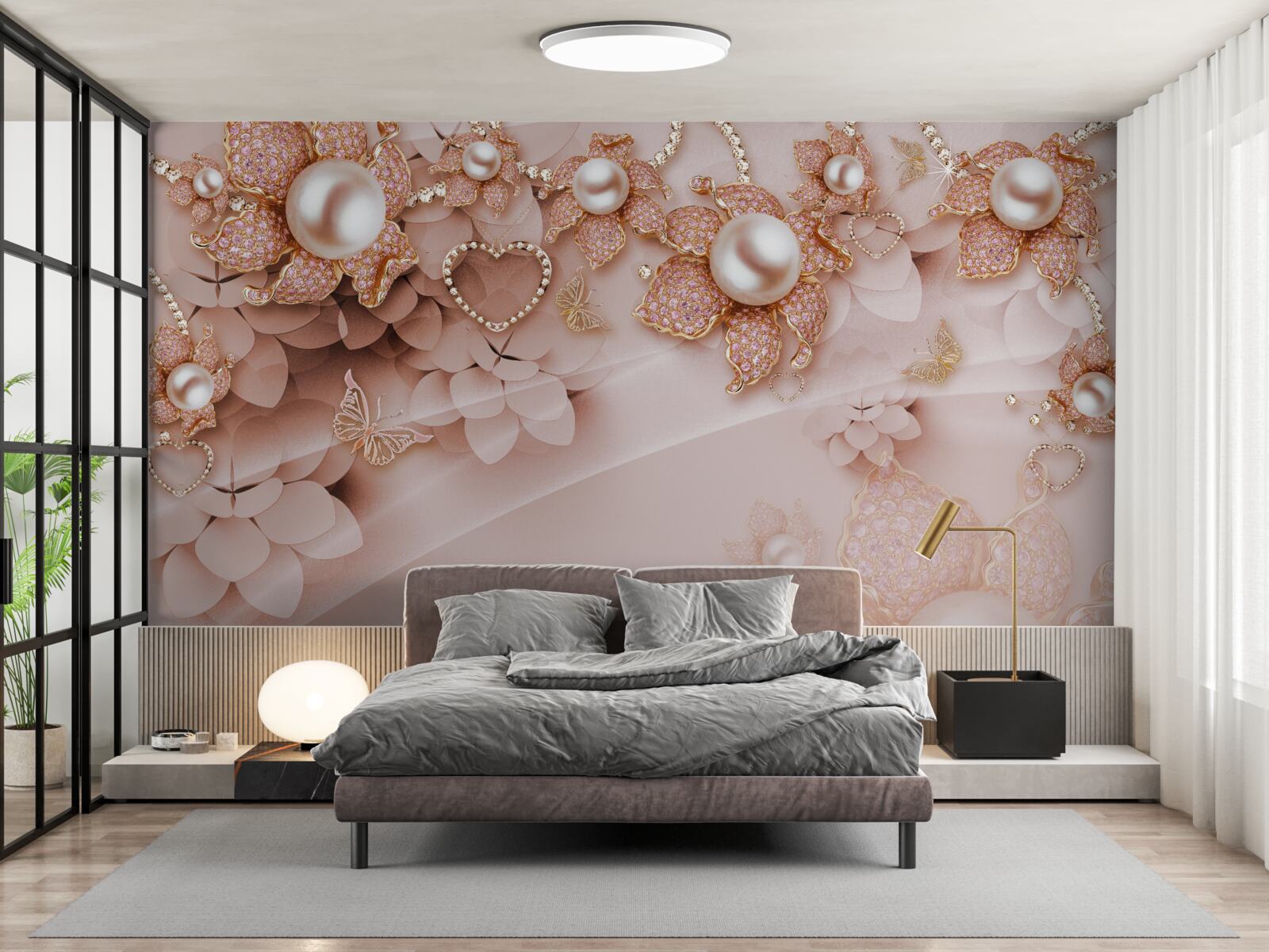 Fototapeta perły w kształcie kwiatów w złotych oprawkach