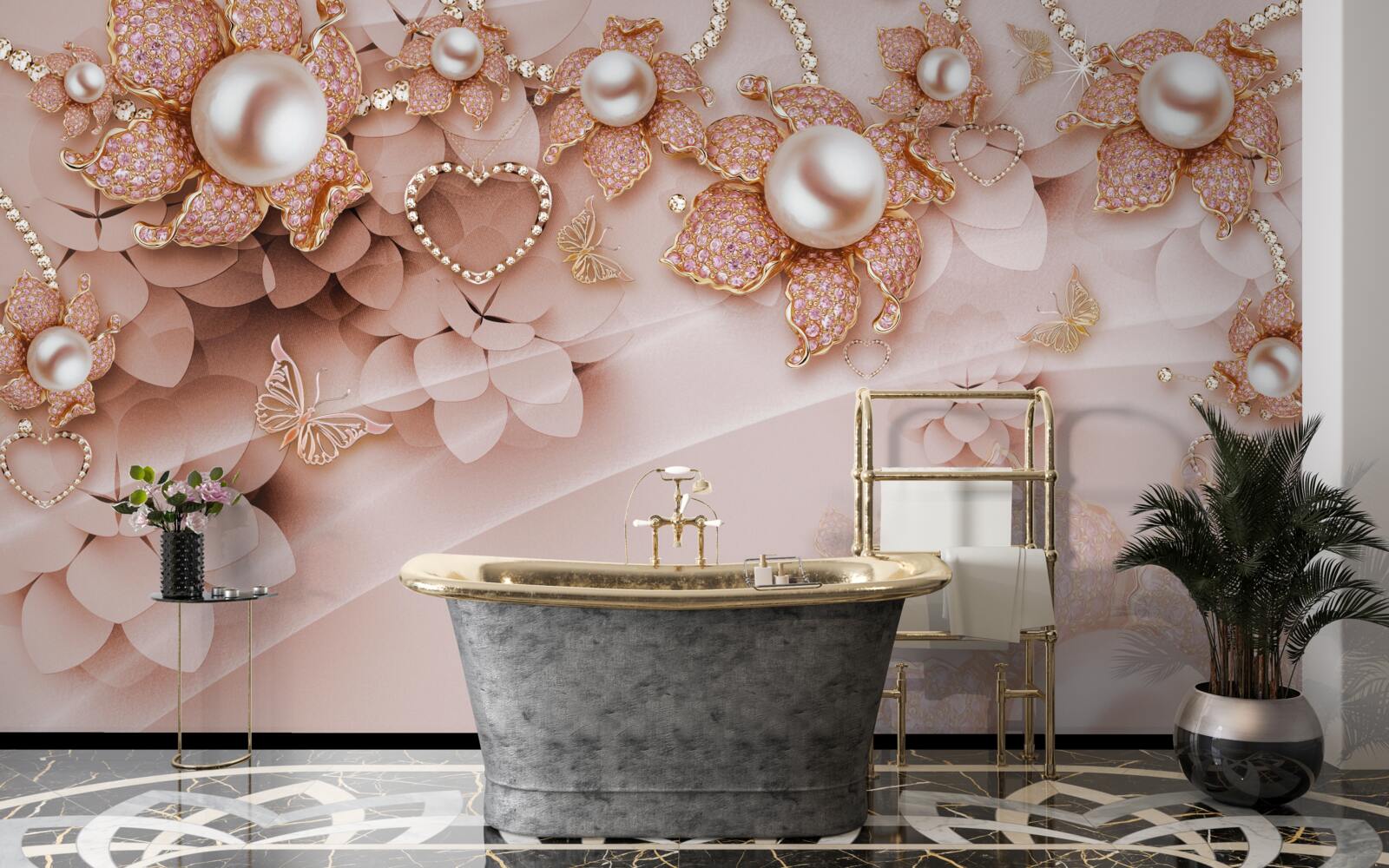 Fototapeta perły w kształcie kwiatów w złotych oprawkach