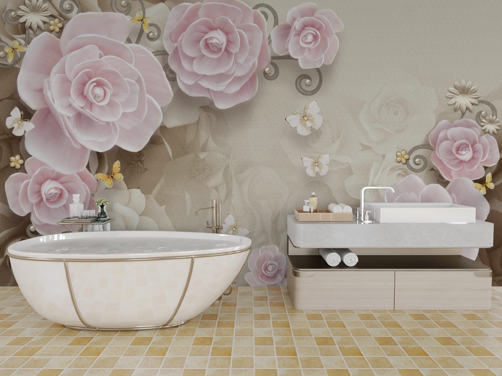 Fototapeta miękkie różyczki w różowawych odcieniach z perełkami w środku