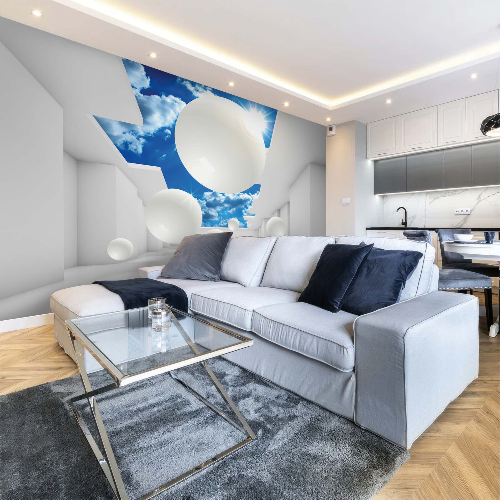 Fototapeta duże białe kule na tle nieba i słońca