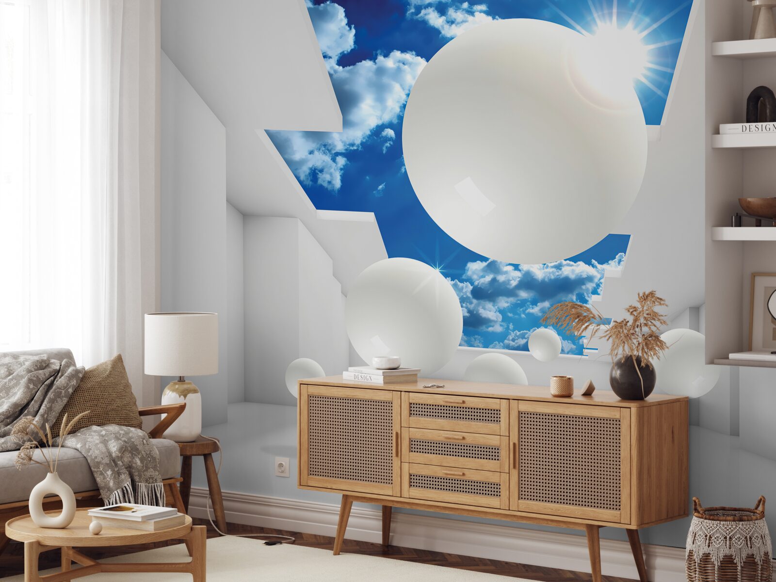 Fototapeta duże białe kule na tle nieba i słońca