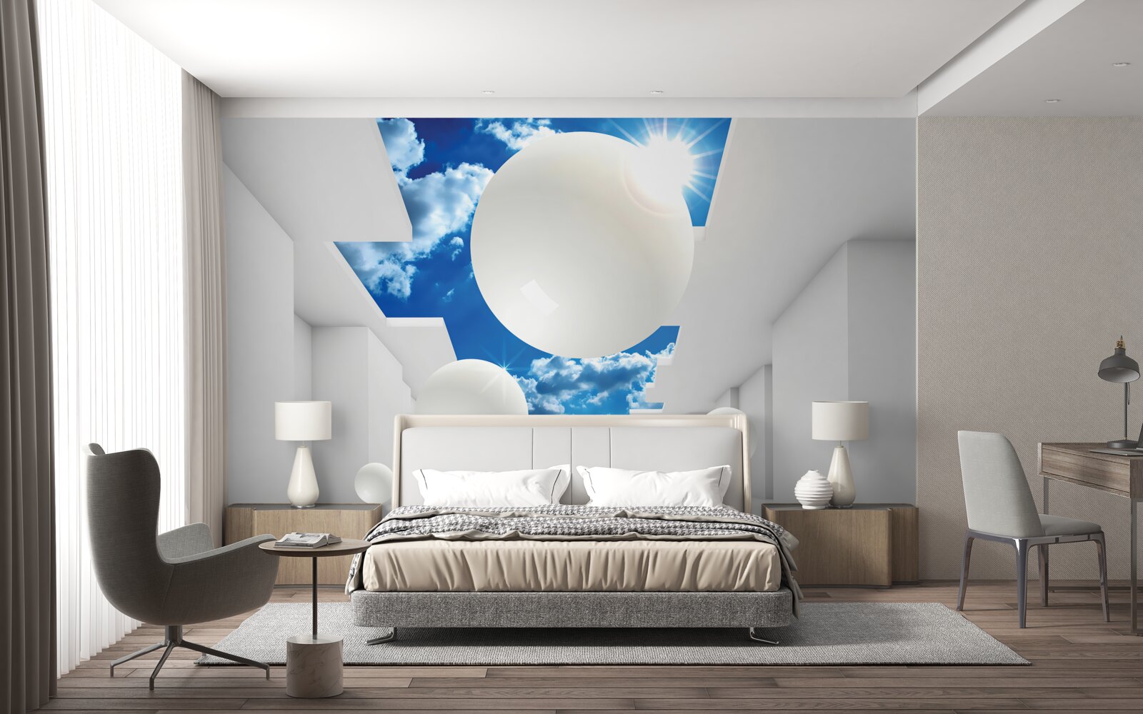 Fototapeta duże białe kule na tle nieba i słońca