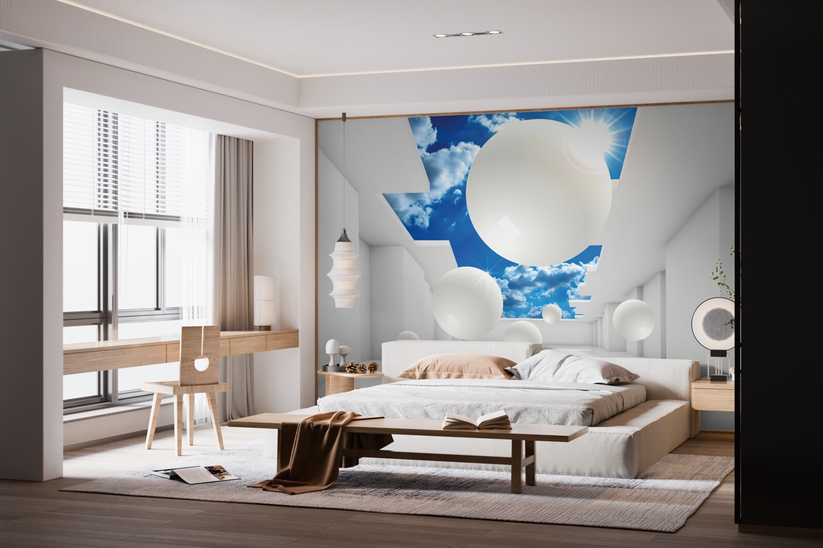 Fototapeta duże białe kule na tle nieba i słońca