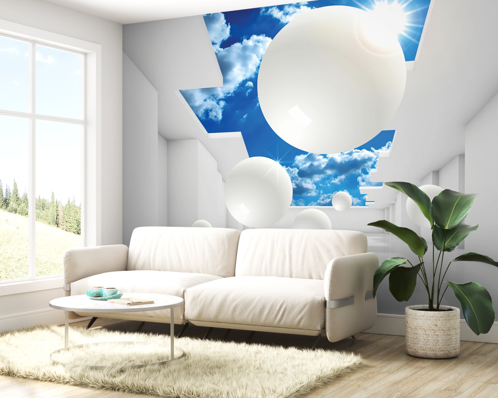 Fototapeta duże białe kule na tle nieba i słońca