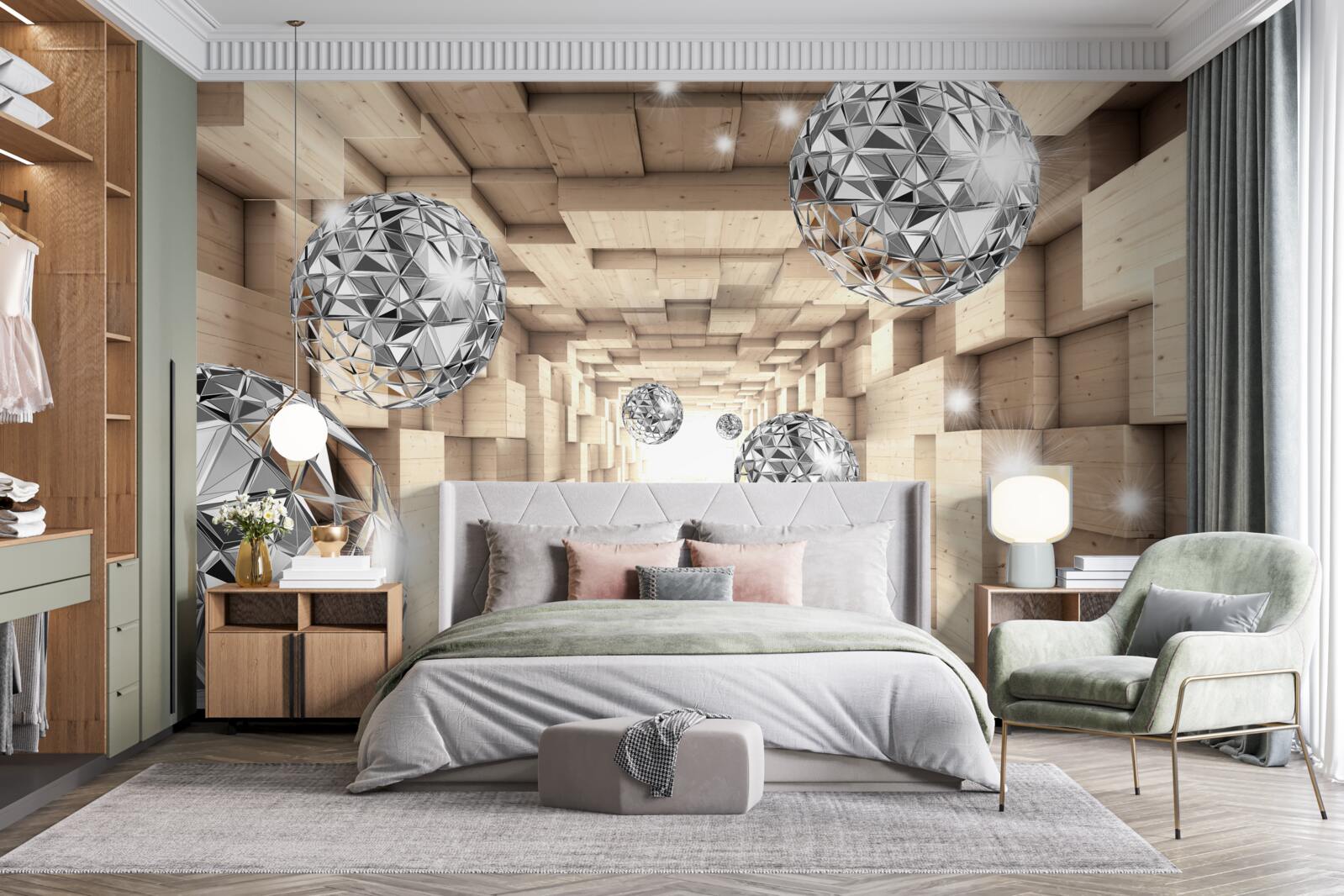 Fototapeta srebrne kule w brązowym przejściu