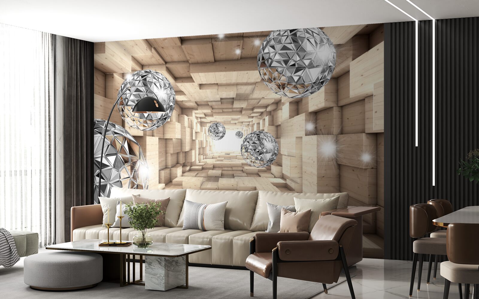 Fototapeta srebrne kule w brązowym przejściu