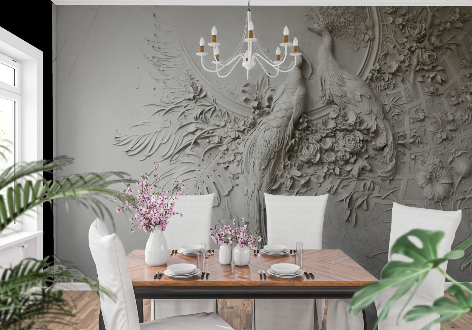 Fototapeta rodzina pawi na drzewie w pełnym rozkwicie