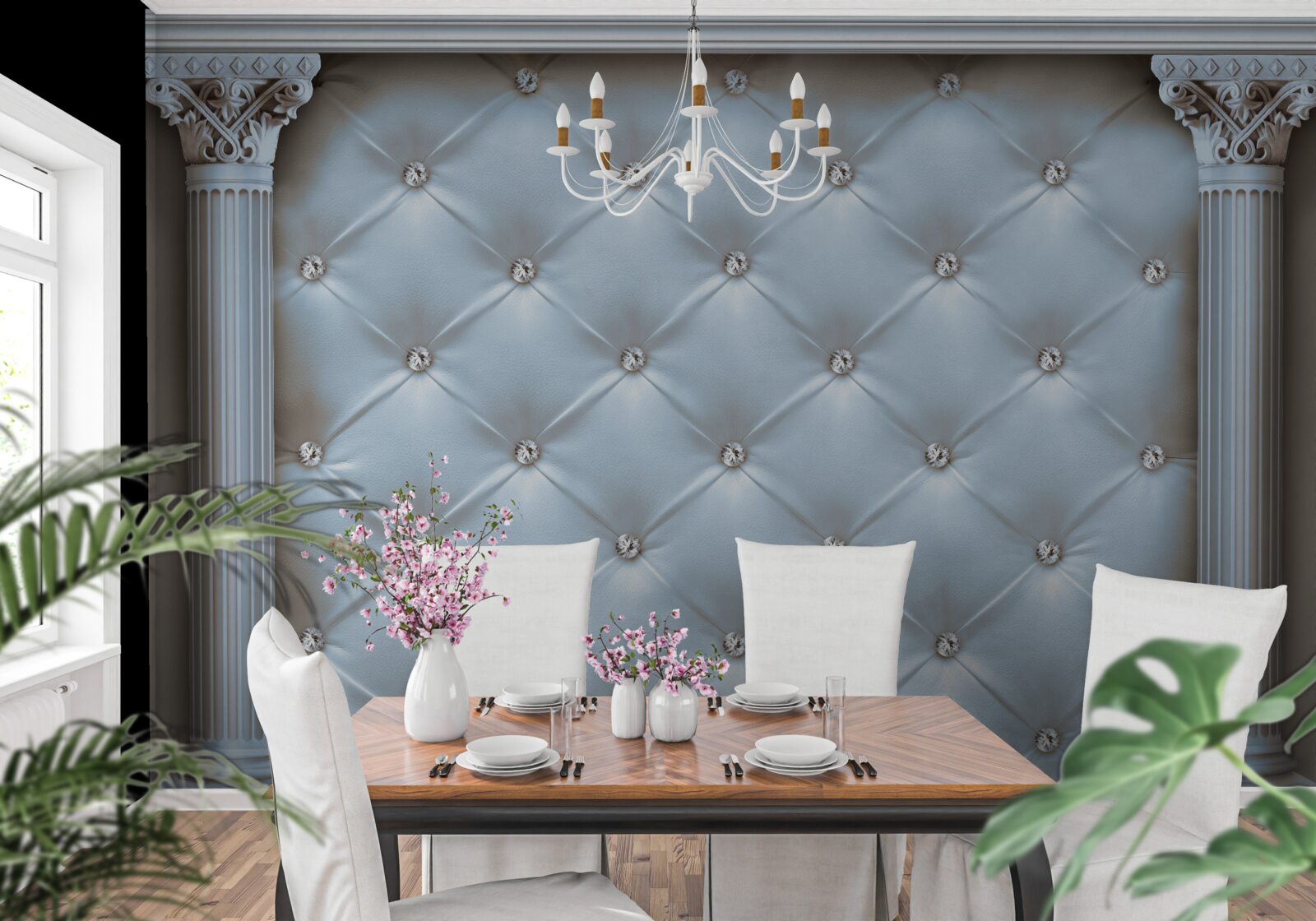 Fototapeta Łuk ozdobiony jest niebieską tkaniną tapicerską