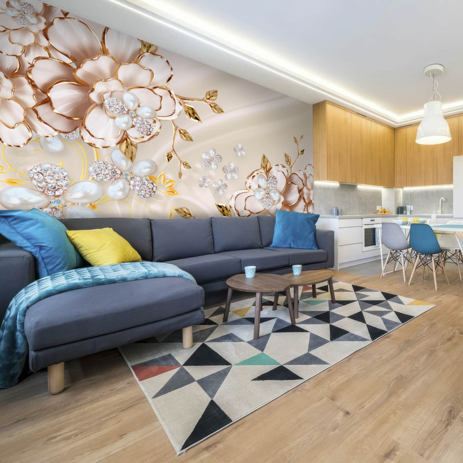 Fototapeta kwiaty ze złotym diamentowym brokatem