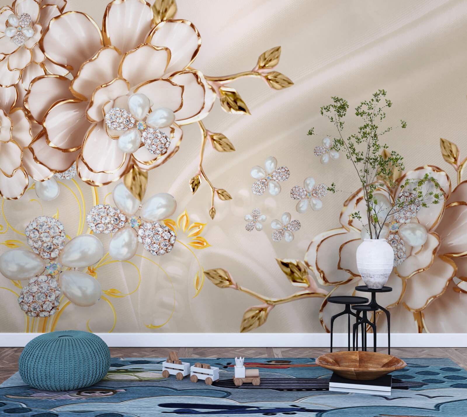 Fototapeta kwiaty ze złotym diamentowym brokatem