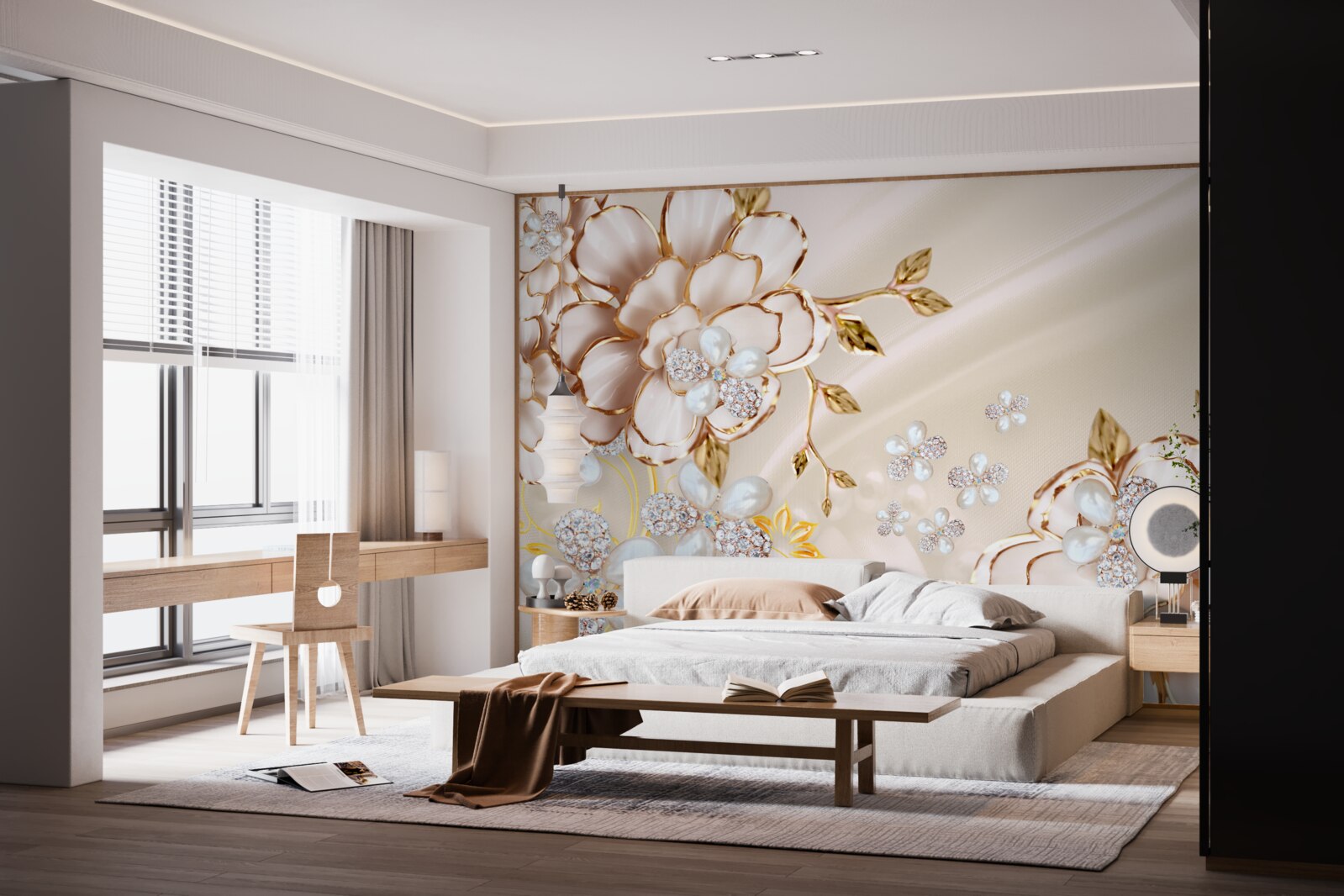 Fototapeta kwiaty ze złotym diamentowym brokatem