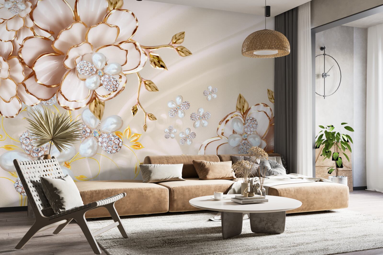 Fototapeta kwiaty ze złotym diamentowym brokatem