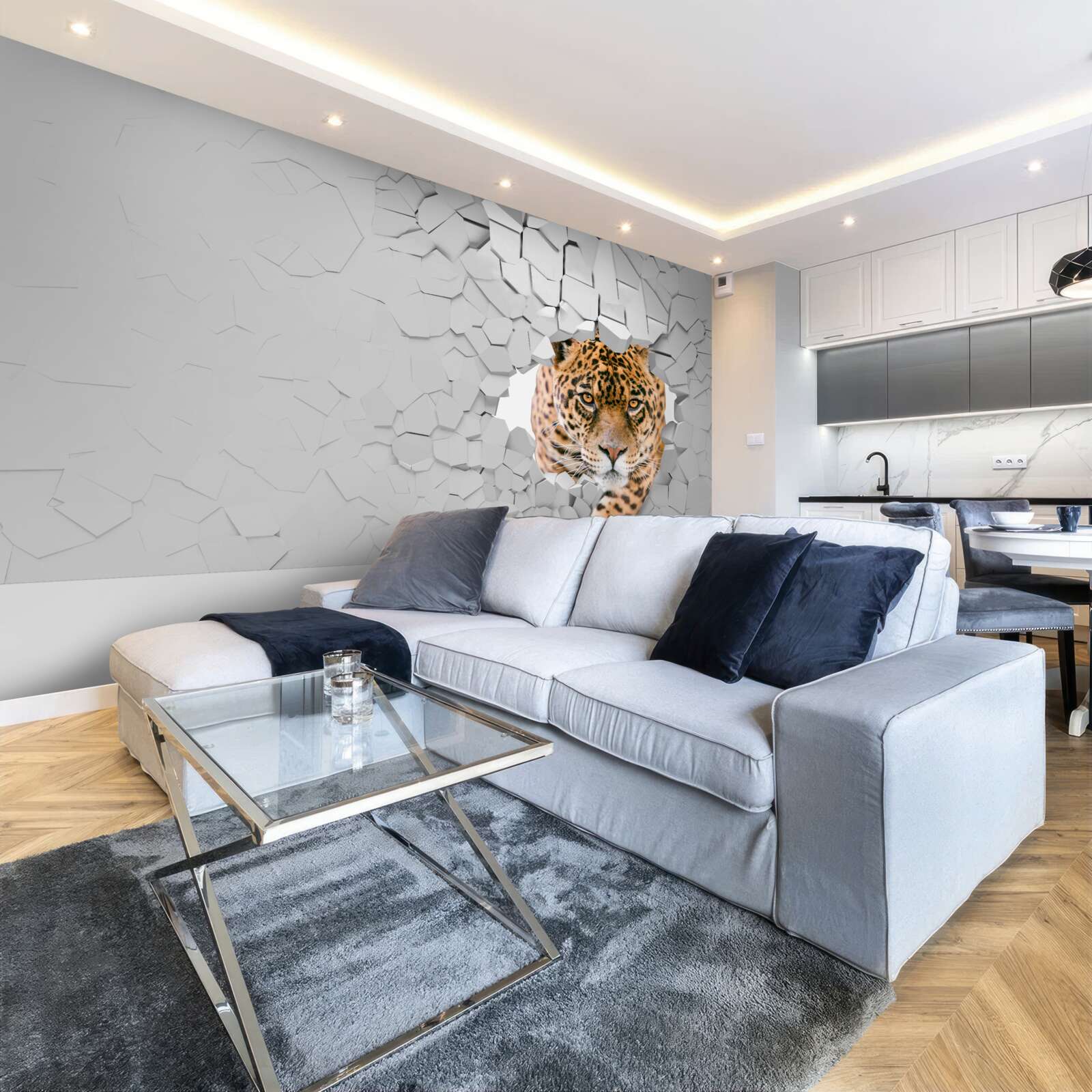 Fototapeta lampart przebija się przez kamienną barierę