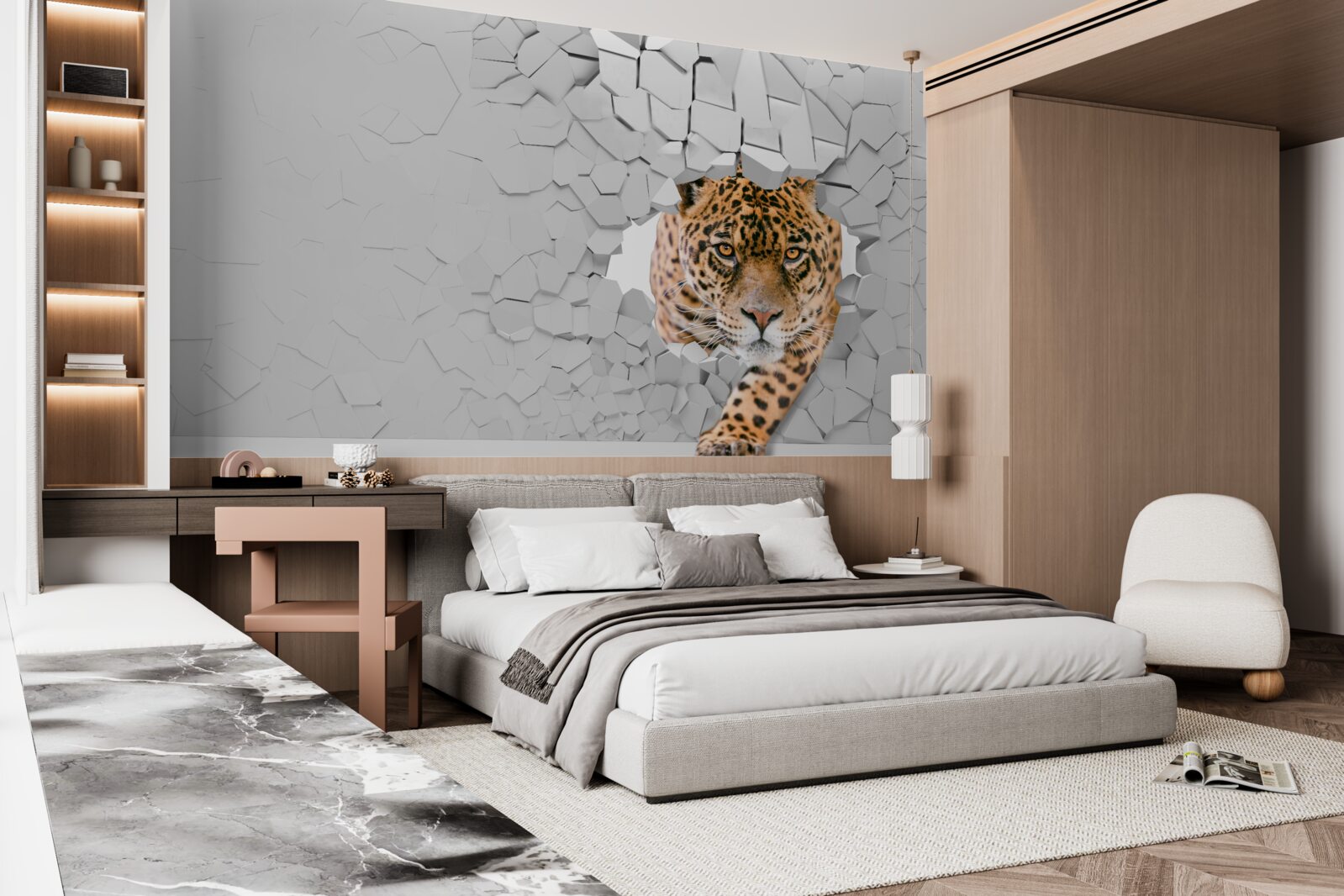 Fototapeta lampart przebija się przez kamienną barierę