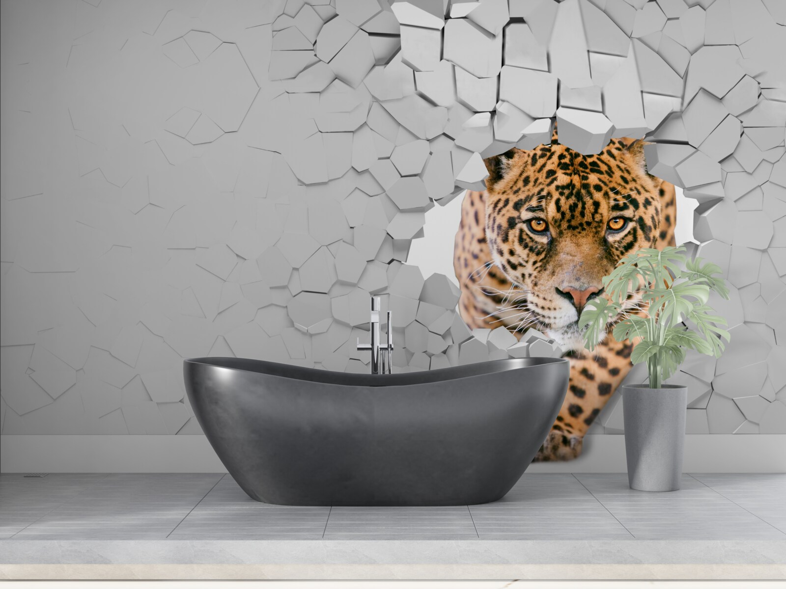 Fototapeta lampart przebija się przez kamienną barierę