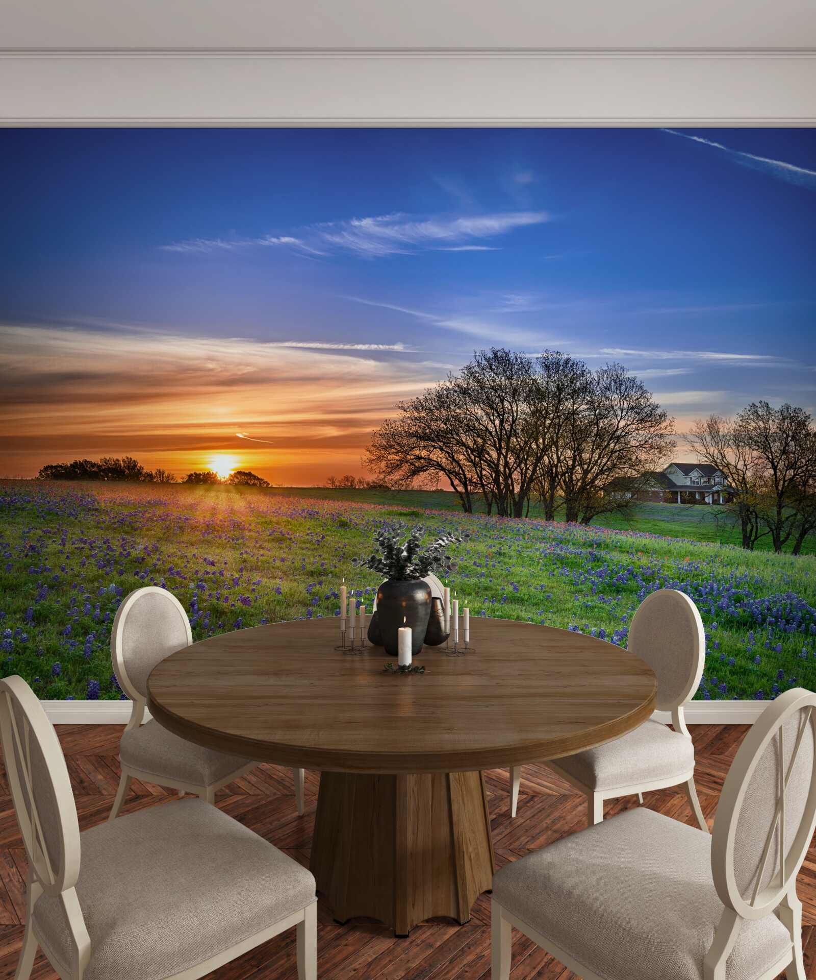 Fototapeta słońce zachodzi nad polem usianym kwiatami