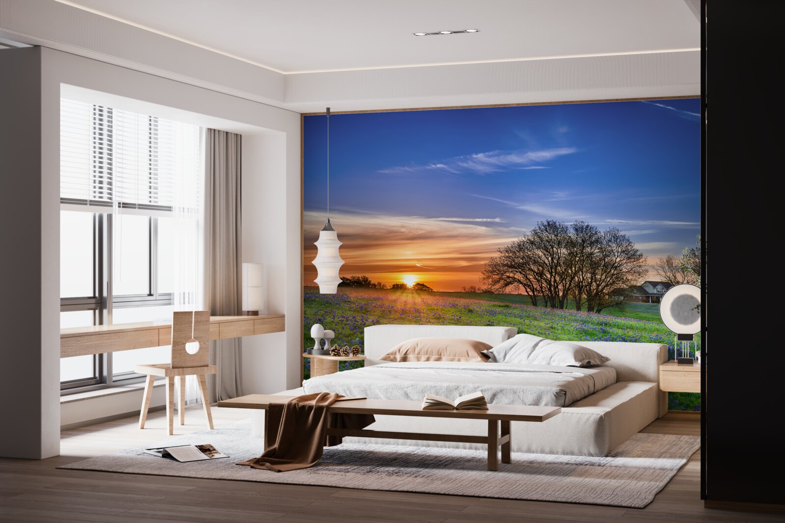 Fototapeta słońce zachodzi nad polem usianym kwiatami