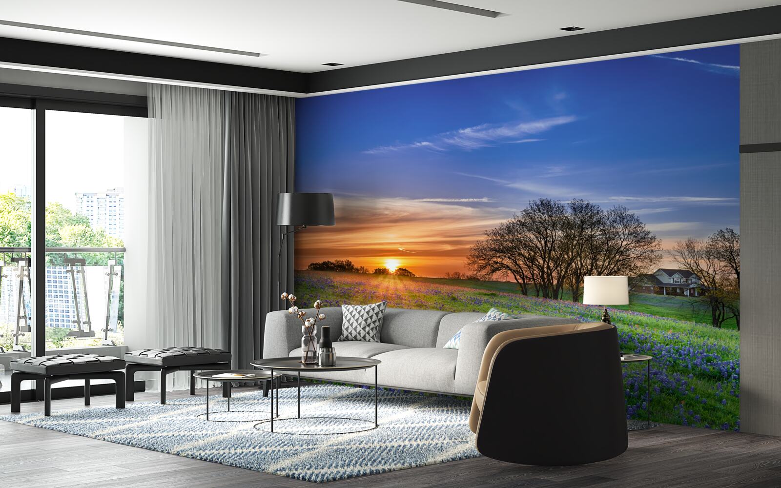 Fototapeta słońce zachodzi nad polem usianym kwiatami