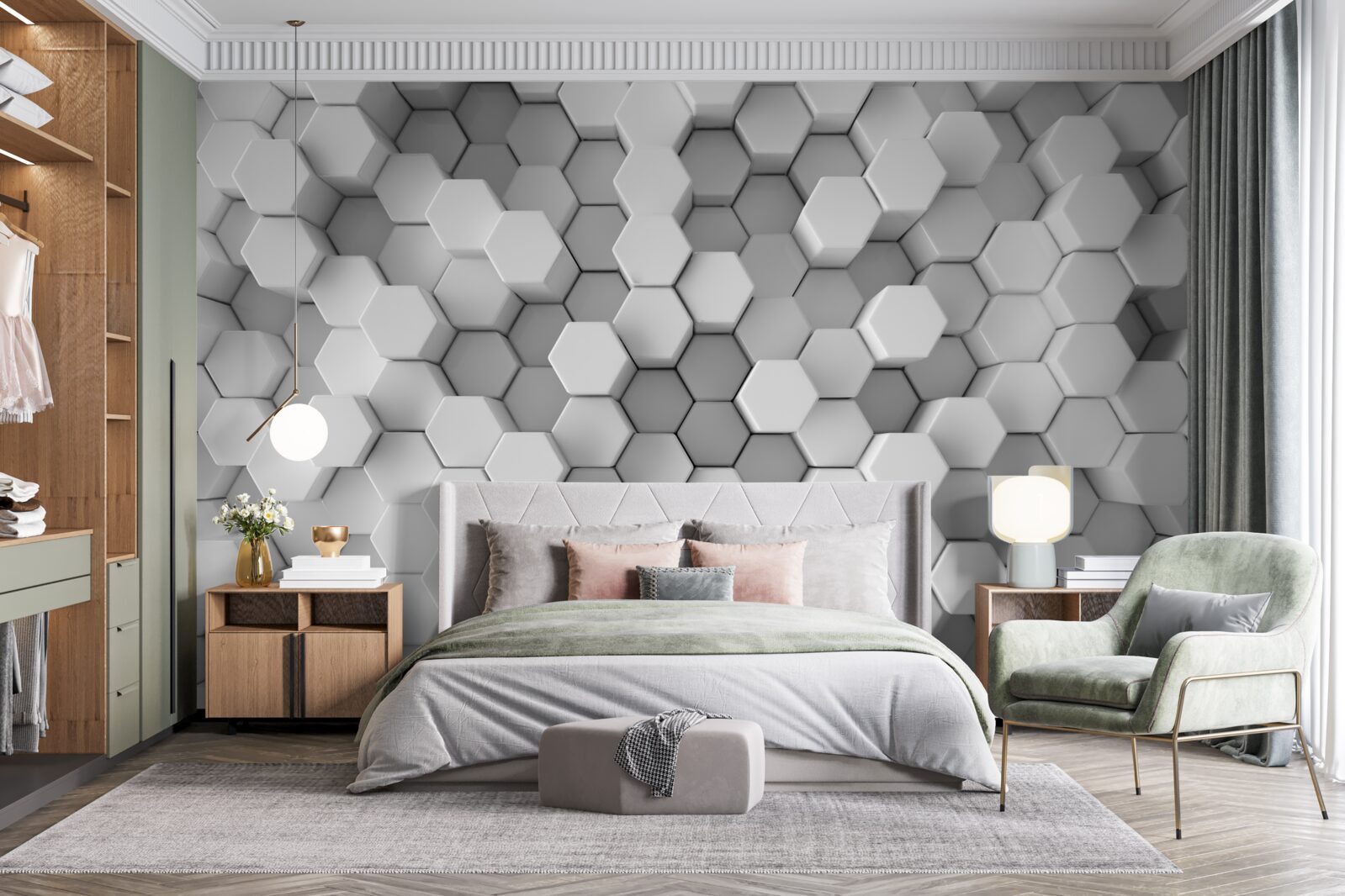 Fototapeta szare i białe sześciokąty wciśnięte w kształt