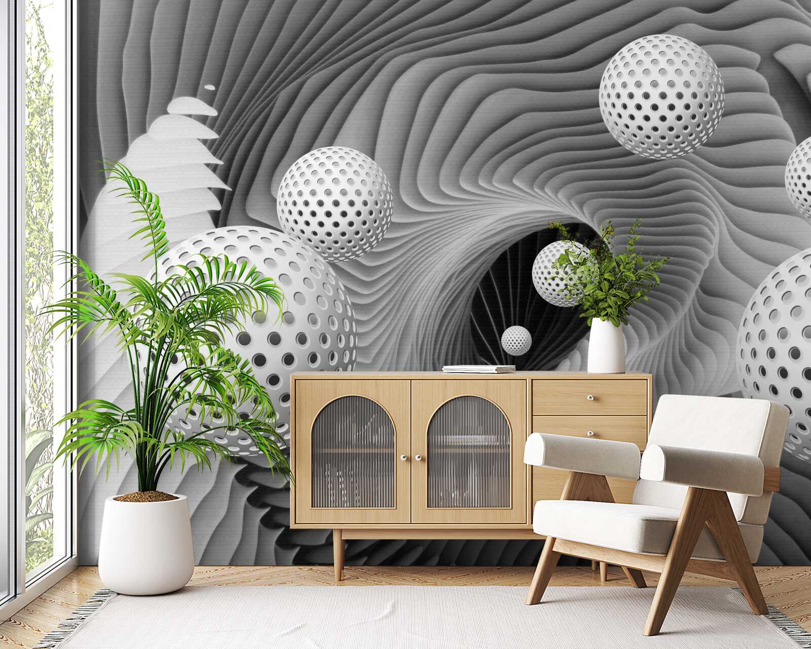 Fototapeta perspektywa kulek i wiru tunelowego w czerni i bieli