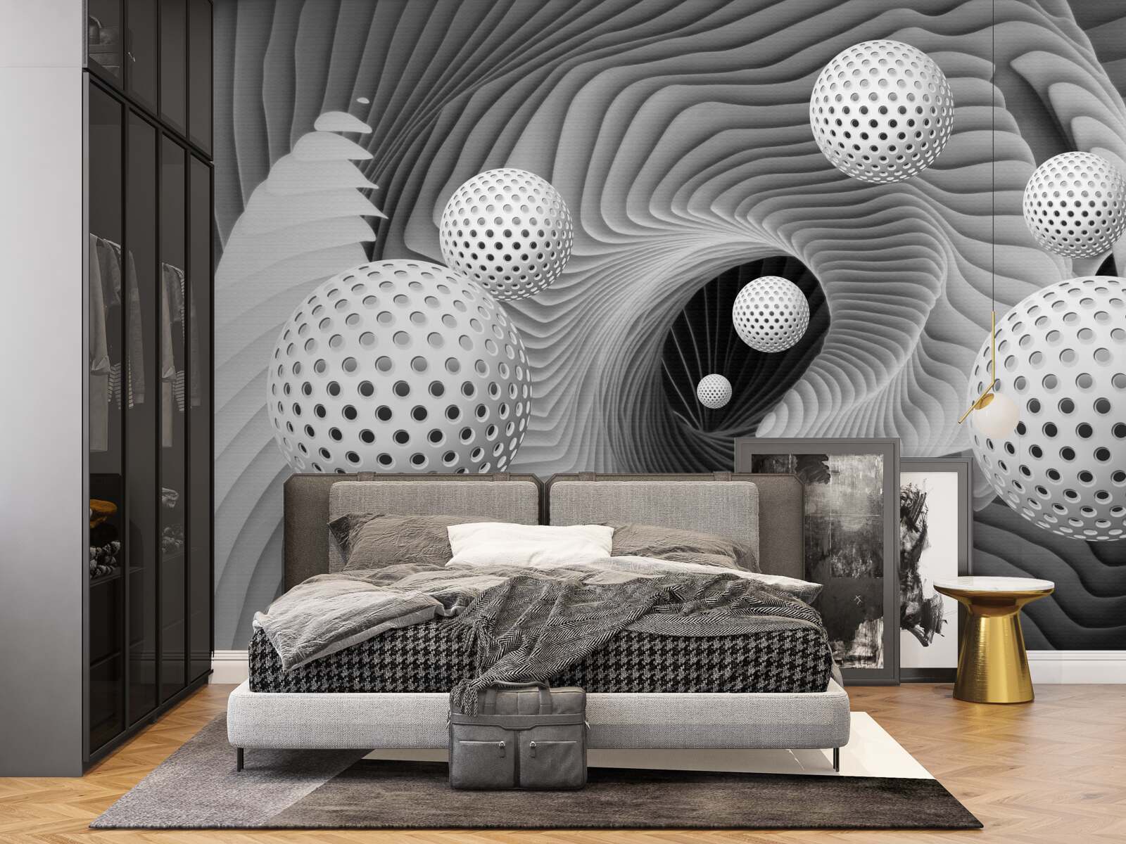 Fototapeta perspektywa kulek i wiru tunelowego w czerni i bieli