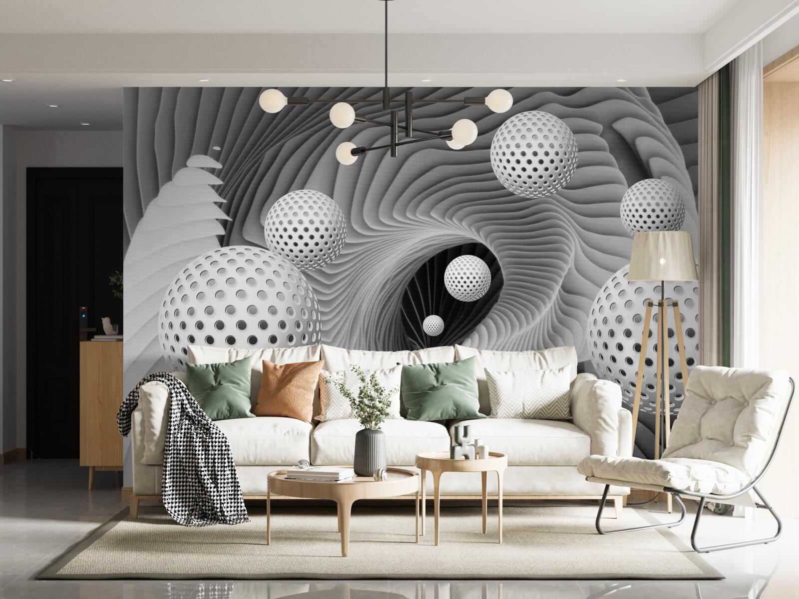 Fototapeta perspektywa kulek i wiru tunelowego w czerni i bieli