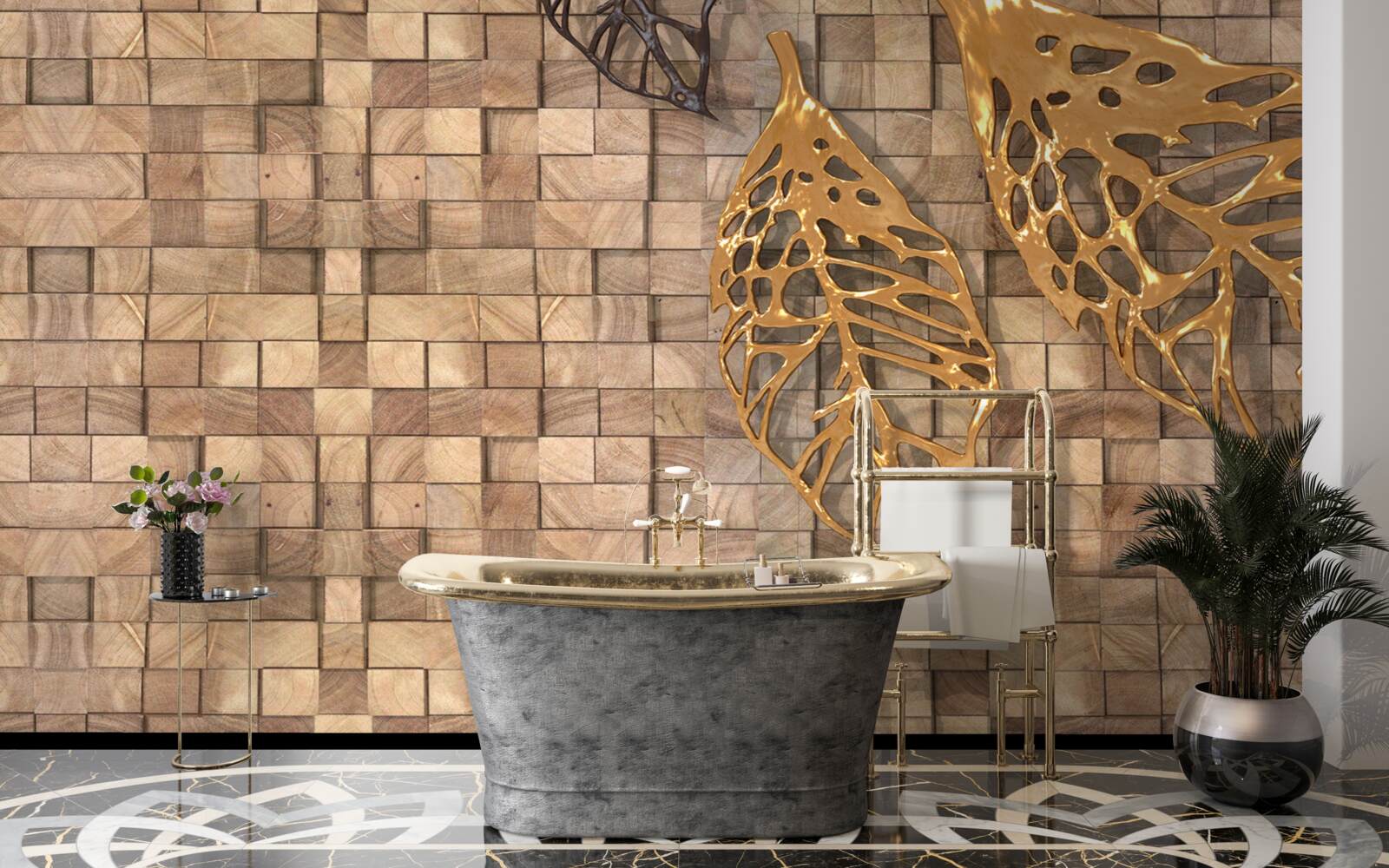 Fototapeta mozaika w odcieniach brązu z wizerunkiem liści