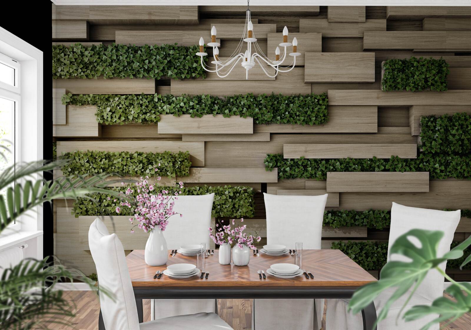 Fototapeta zielone rośliny na kamiennej ścianie