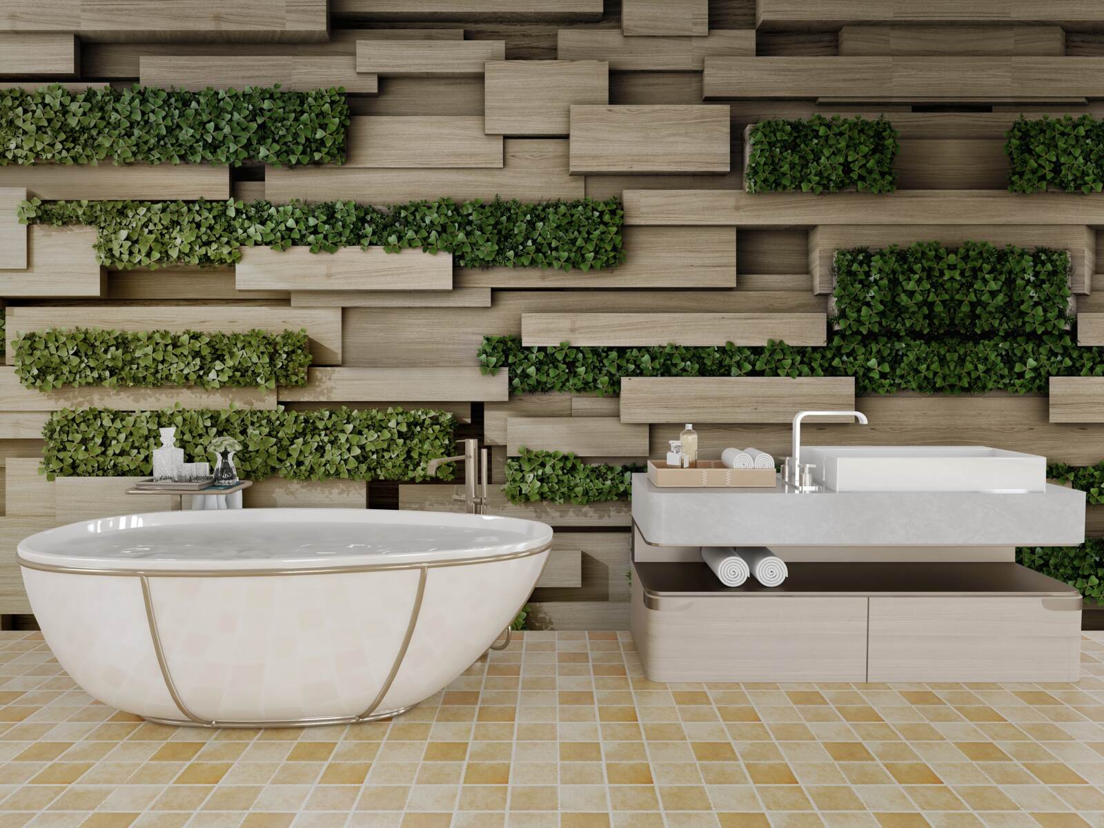 Fototapeta zielone rośliny na kamiennej ścianie