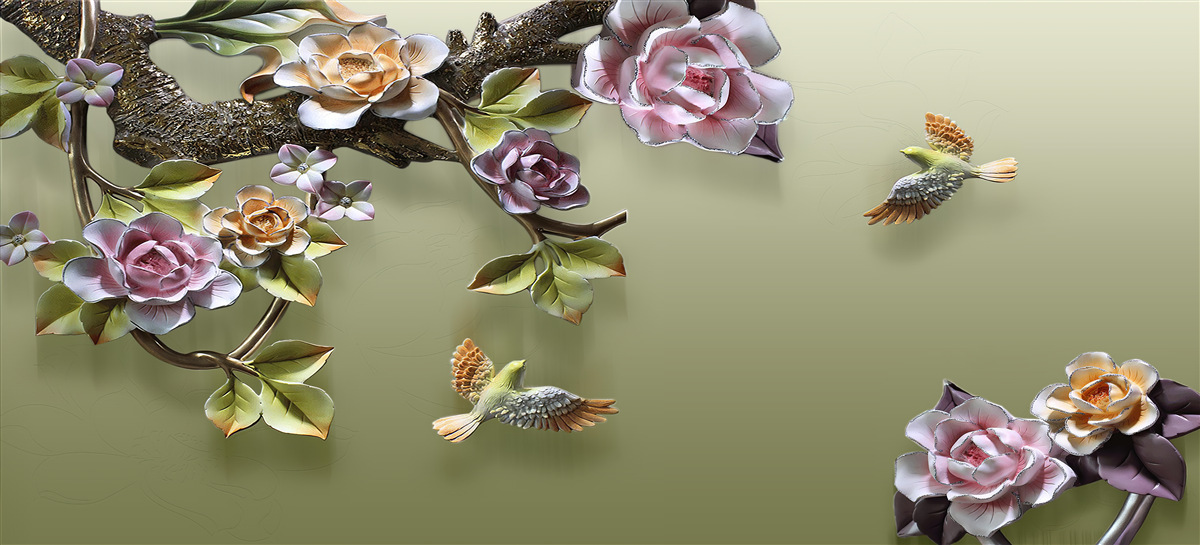 Fototapeta delikatne róże i jaskółki na gałęziach