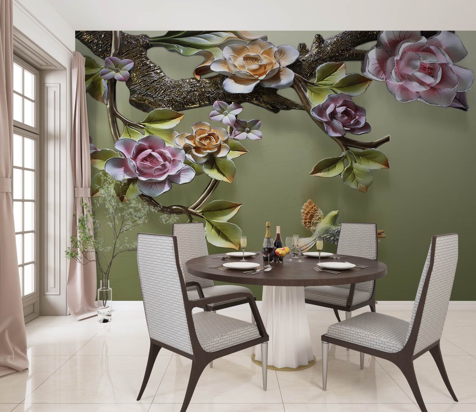 Fototapeta delikatne róże i jaskółki na gałęziach