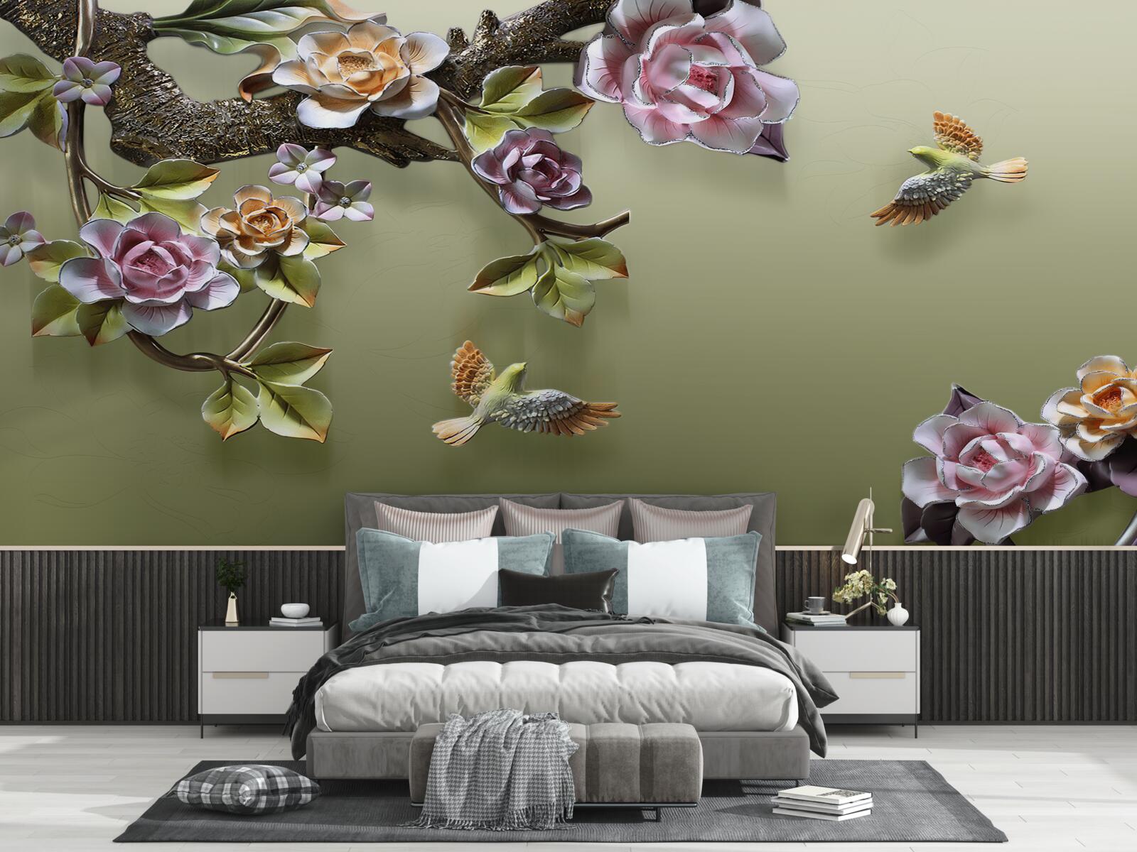 Fototapeta delikatne róże i jaskółki na gałęziach