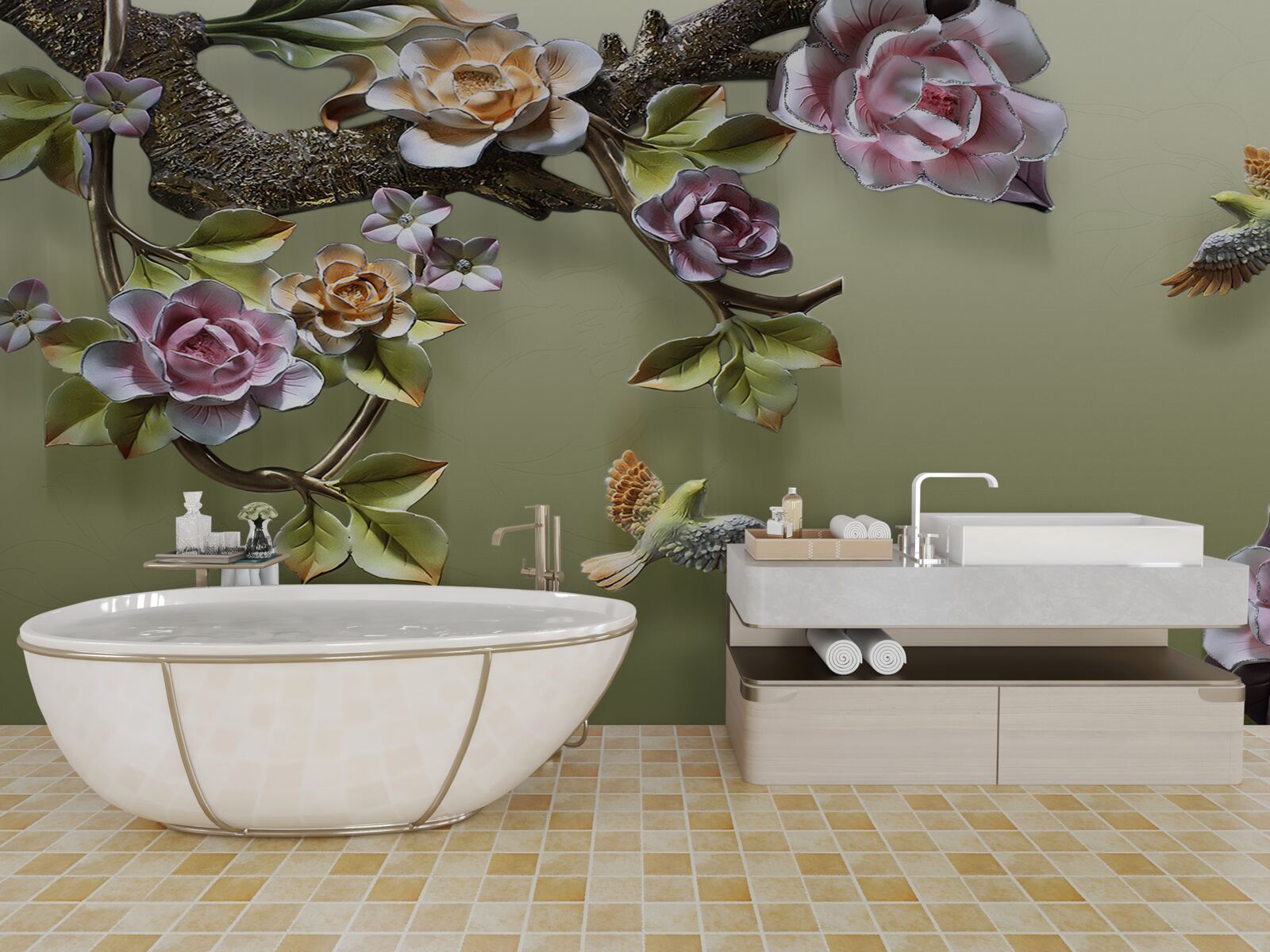 Fototapeta delikatne róże i jaskółki na gałęziach