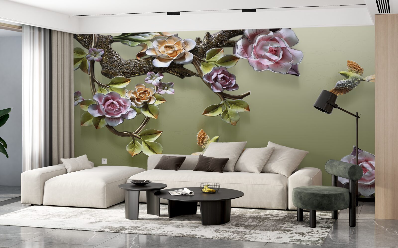 Fototapeta delikatne róże i jaskółki na gałęziach