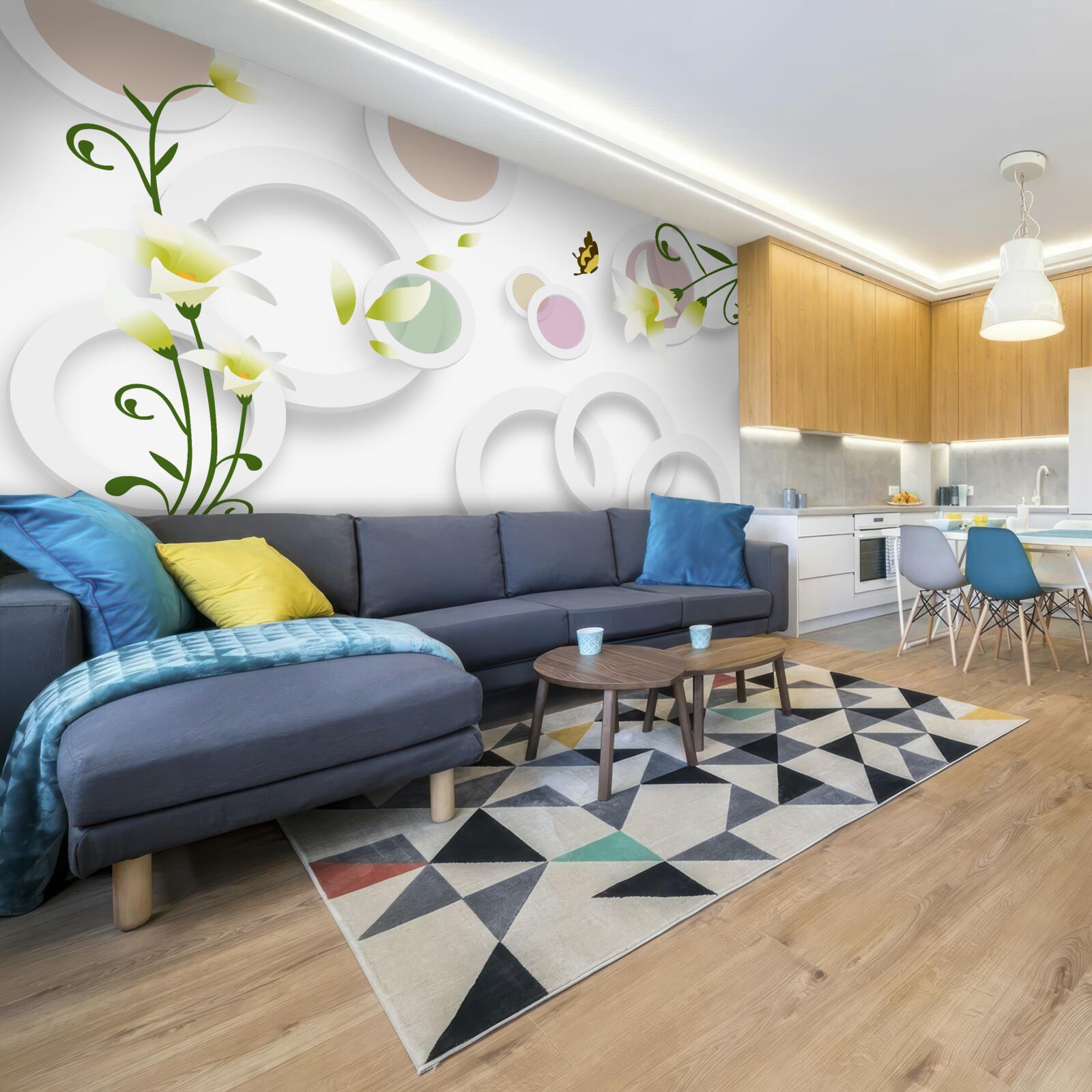 Fototapeta gałęzie są koloru zielonego z żółtymi pąkami i zaokrąglonymi elementami