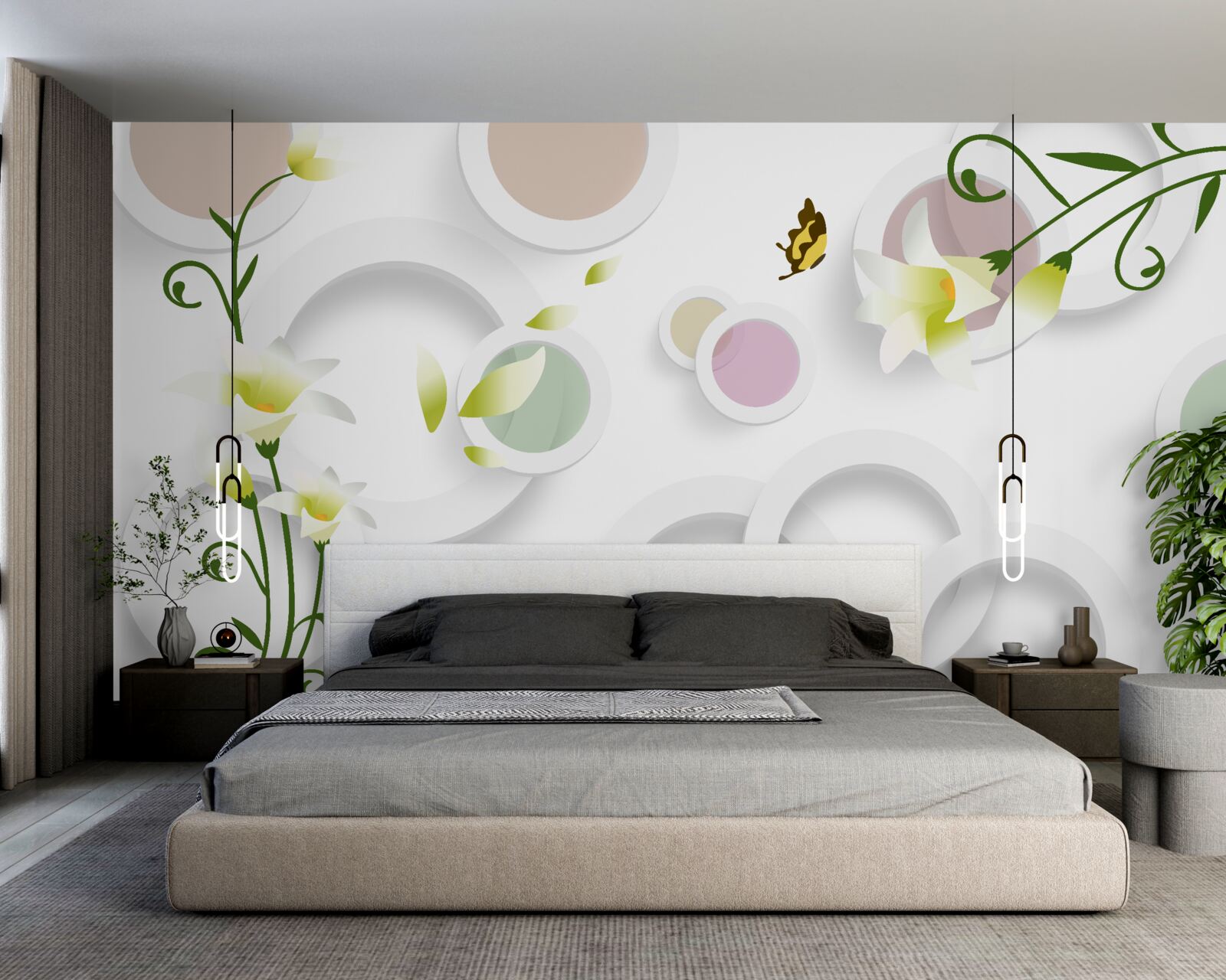 Fototapeta gałęzie są koloru zielonego z żółtymi pąkami i zaokrąglonymi elementami