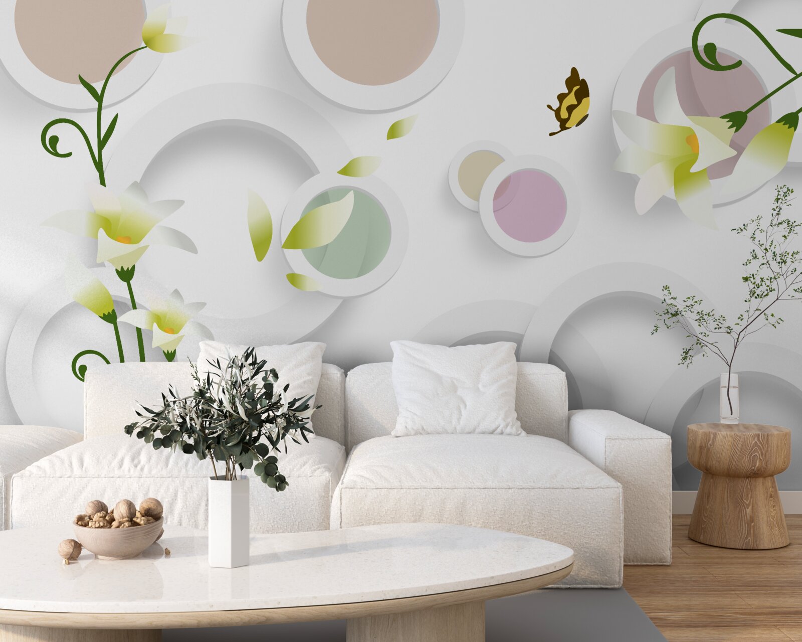 Fototapeta gałęzie są koloru zielonego z żółtymi pąkami i zaokrąglonymi elementami