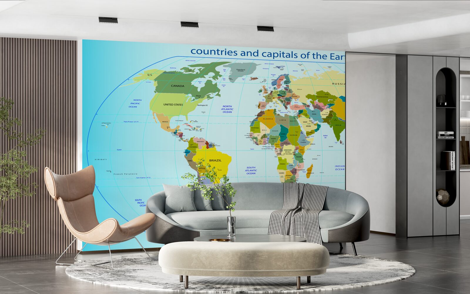 Fototapeta mapa świata pokazująca kraje i ich stolice