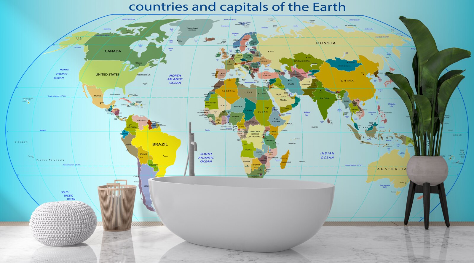 Fototapeta mapa świata pokazująca kraje i ich stolice