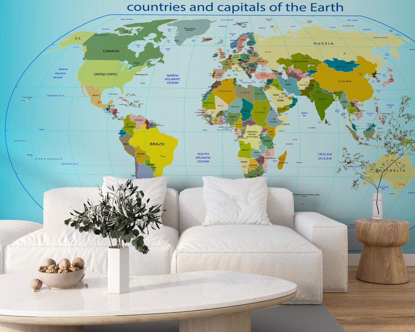 Fototapeta mapa świata pokazująca kraje i ich stolice