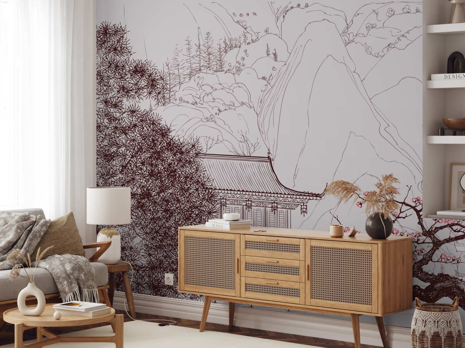 Fototapeta ogród w stylu japońskim w pobliżu wiejskiego domu w górach