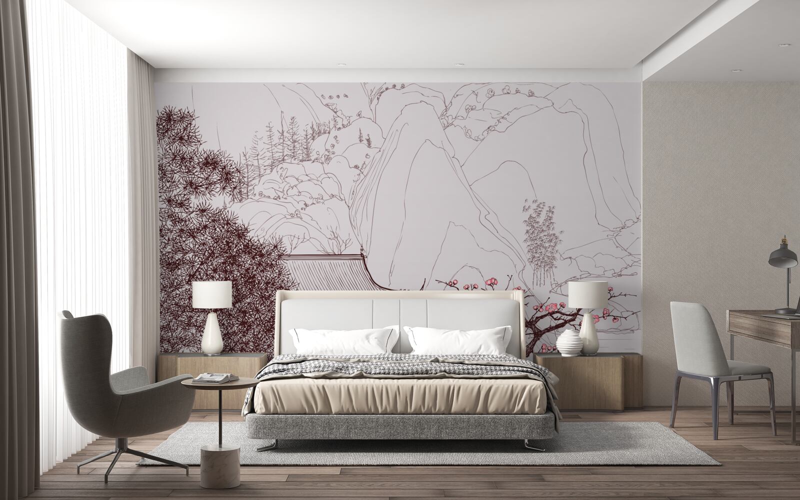 Fototapeta ogród w stylu japońskim w pobliżu wiejskiego domu w górach