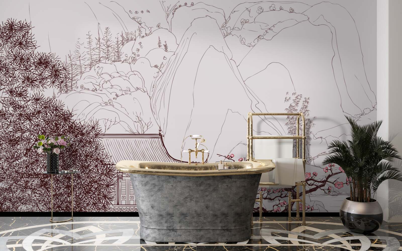 Fototapeta ogród w stylu japońskim w pobliżu wiejskiego domu w górach