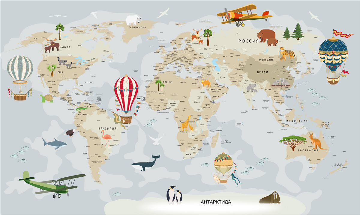 Fototapeta mapa świata przedstawiająca zwierzęta i pojazdy