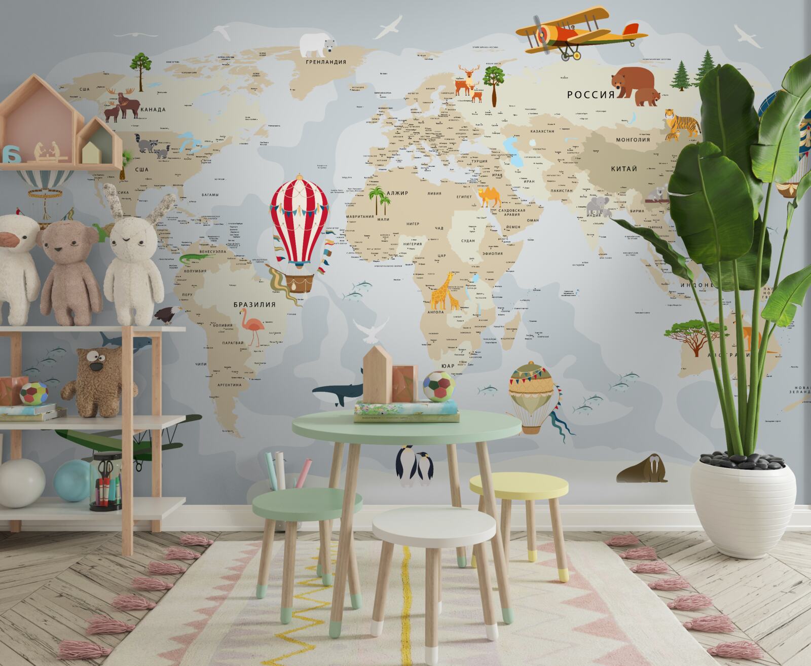 Fototapeta mapa świata przedstawiająca zwierzęta i pojazdy