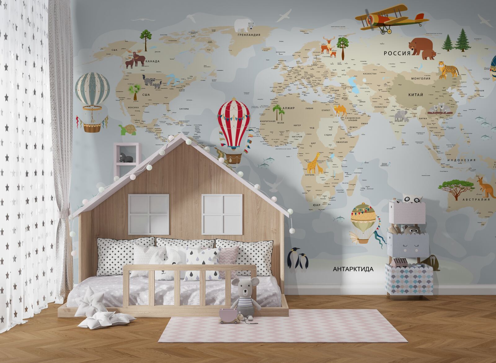 Fototapeta mapa świata przedstawiająca zwierzęta i pojazdy