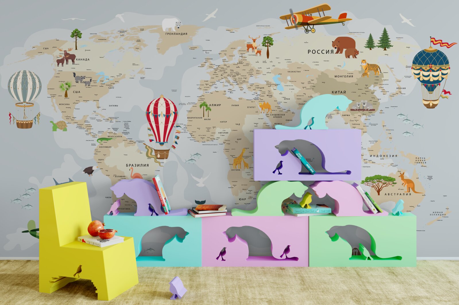 Fototapeta mapa świata przedstawiająca zwierzęta i pojazdy