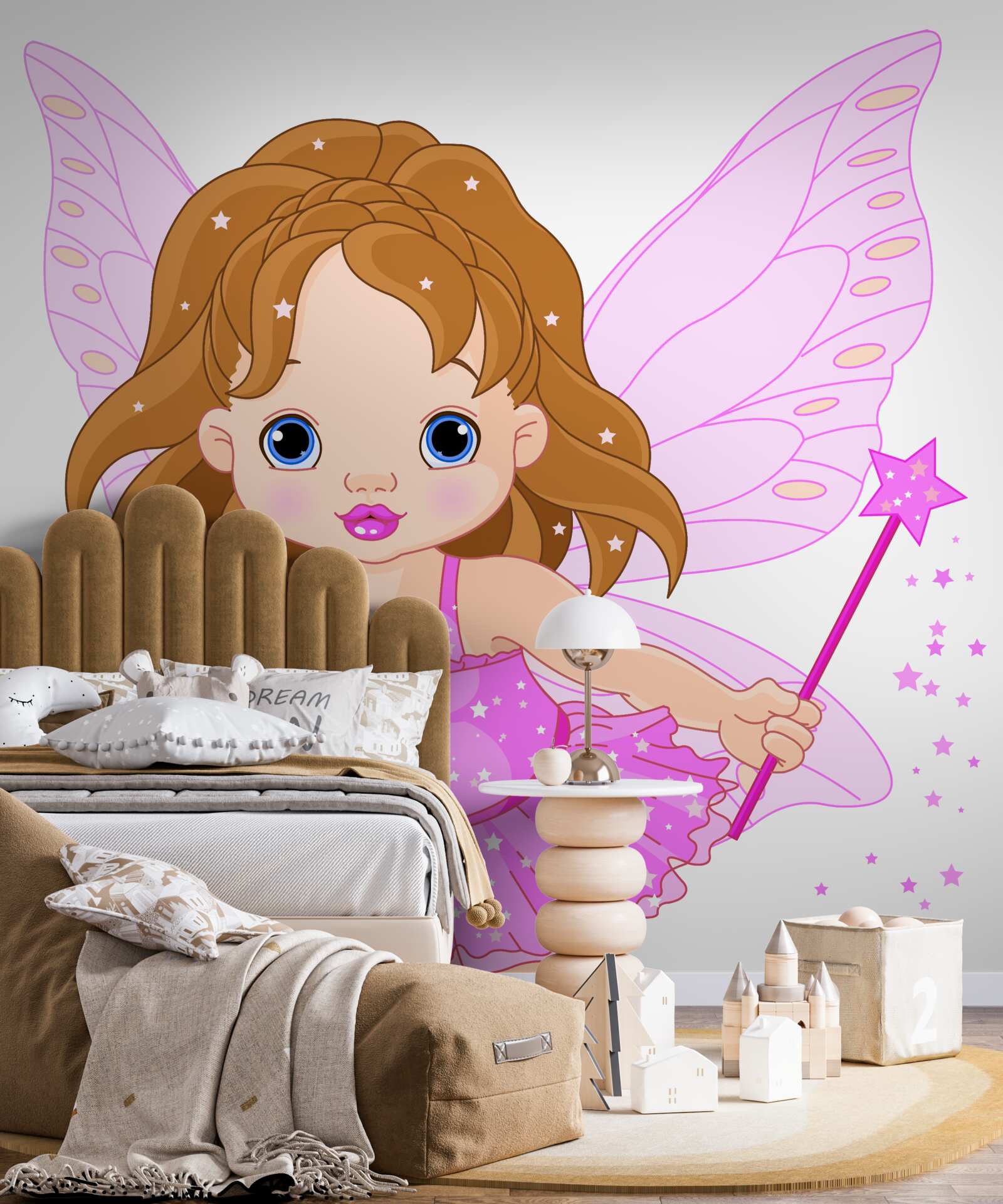 Fototapeta dziewczyna z rudymi włosami i różowymi skrzydłami