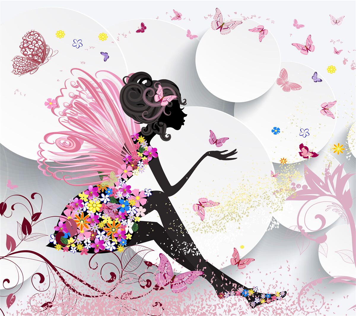 Fototapeta dziewczyna ze skrzydłami, ozdobiona kwiatami i motylami